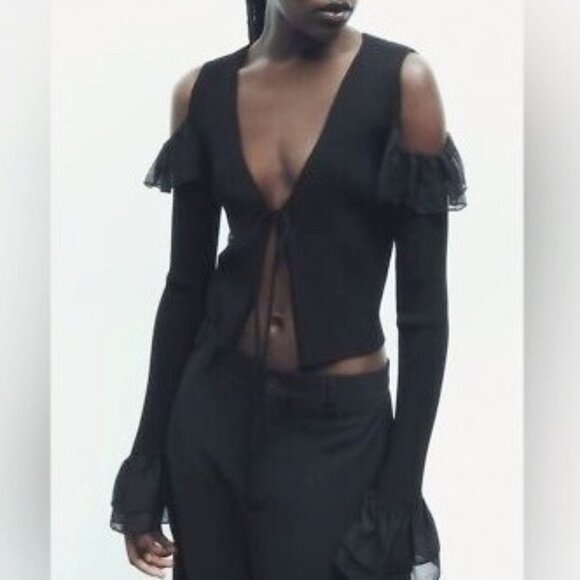 NWT Zara Ribbed Knit Tie Front Ruffle Open Cardigan Blouse Top Black New Small - Picture 1 of 11
